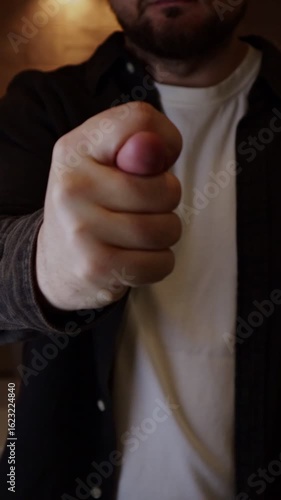 Man making fist gesture named figa. Man insults his offender with a hand sign