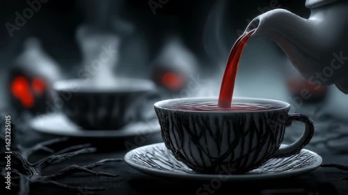 tea cup is being filled with a tea from a teapot