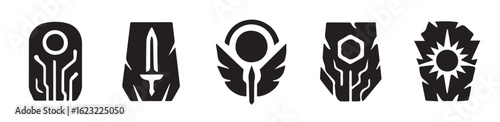 black vector badges set in solid silhouette style blending ancient mysticism with futuristic tech, stone tablets, circuit lines, halos, celestial symbols, weapons, wings, and sacred geometry, 