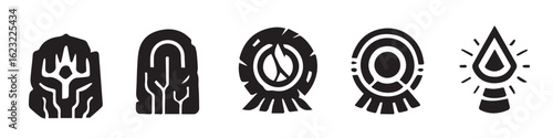 vector badges in solid silhouette style blending ancient mysticism with futuristic tech, stone tablets, circuit lines, halos, celestial symbols, weapons, wings, and sacred geometry, 