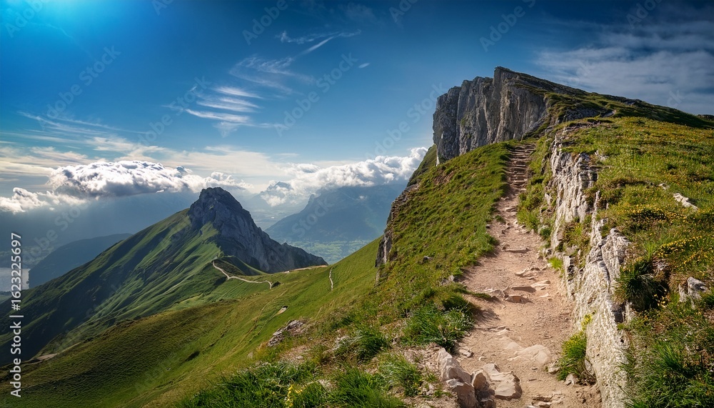 Fototapeta premium steep mountain path leading upward to a dramatic cliff with stunning views over the surrounding landscape