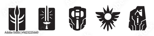 vector badges in solid silhouette style blending ancient mysticism with futuristic tech, stone tablets, circuit lines, halos, celestial symbols, weapons, wings, and sacred geometry, 