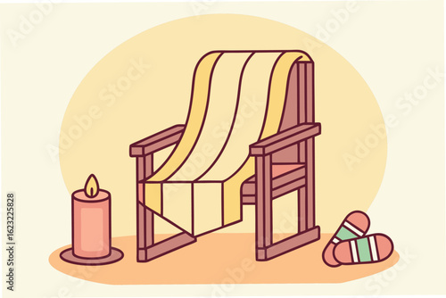 Cozy chair with blanket candle and socks vector