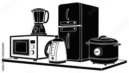 Modern kitchen and home appliances set. Refrigerator, microwave, blender, kettle, rice cooker black silhouette vector.