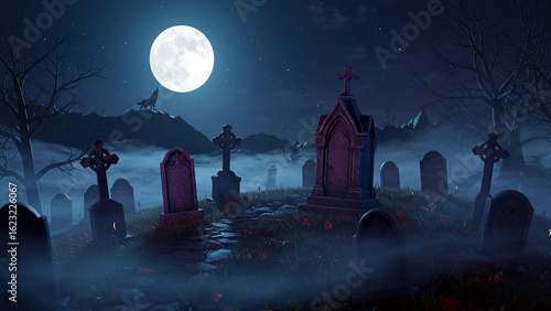 Spooky graveyard halloween night background scene with moon and wolf howling illustration 3d