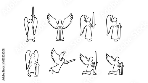 A series of angel silhouettes with swords and various poses and attributes. This image captures the essence of spirituality, peace, and hope