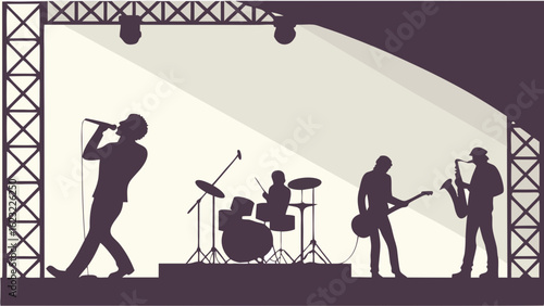 Live music concert performance by a band on stage. Silhouettes of musicians, singer, guitarist, drummer, saxophonist.