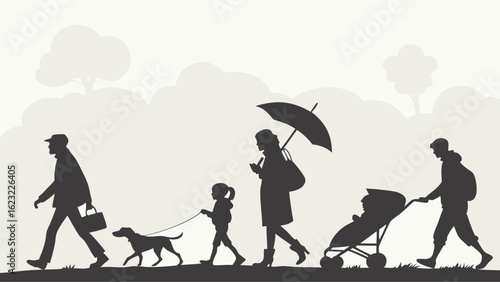 Silhouette of diverse people walking. Family, man with dog, woman with umbrella, baby stroller. Everyday outdoor life.