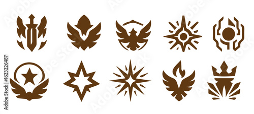 colored vector badges set in silhouette style featuring futuristic tech, mystical forces, heroic emblems, mythic beasts, and celestial power, editable formats: ai, eps, jpg, png, 