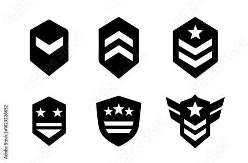 vector set of sci-fi military rank badges in silhouette style, editable formats: ai, eps, jpg, png, ideal for both digital and print use  
