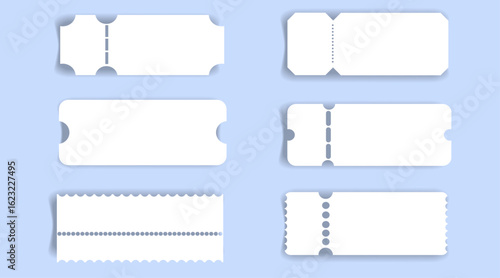 Retro ticket, coupon or voucher. Cinema concert paper tag with separation point empty template, label. Vintage shape raffle edge, frame border. 