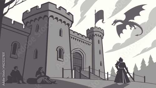 Brave knight defends a medieval fantasy castle from a flying dragon. Ancient kingdom under threat. Epic adventure and protection.