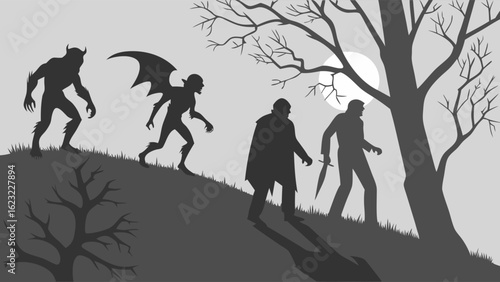 Monsters and men silhouettes on a dark hill under a full moon. Spooky horror fantasy creatures walking at night.