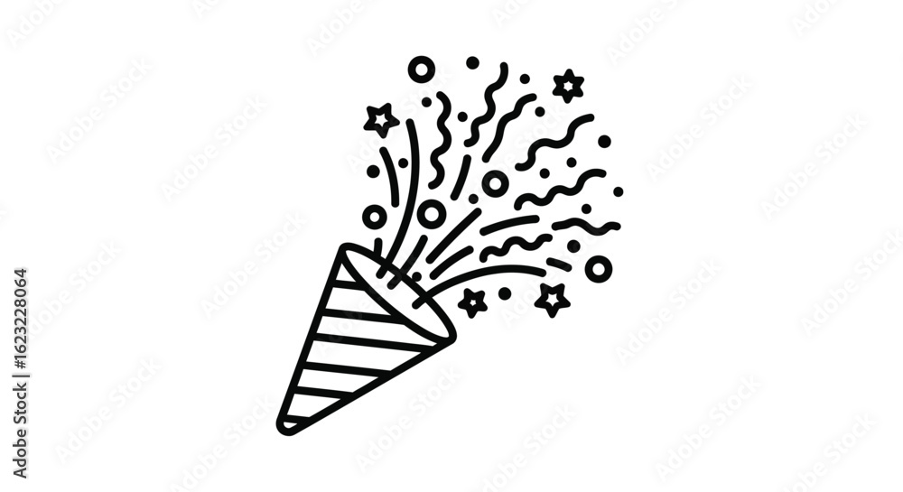 Fototapeta premium Celebratory Exploding Confetti Party Popper Icon for Events and Occasions, Black and White Confetti Popping for a Party Celebration Outline Illustration