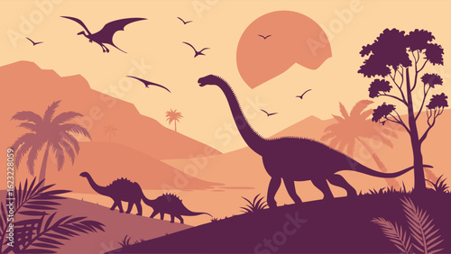 Jurassic prehistoric landscape with dinosaurs silhouettes at sunset. Ancient world scene with large long neck dinosaur and flying reptiles.