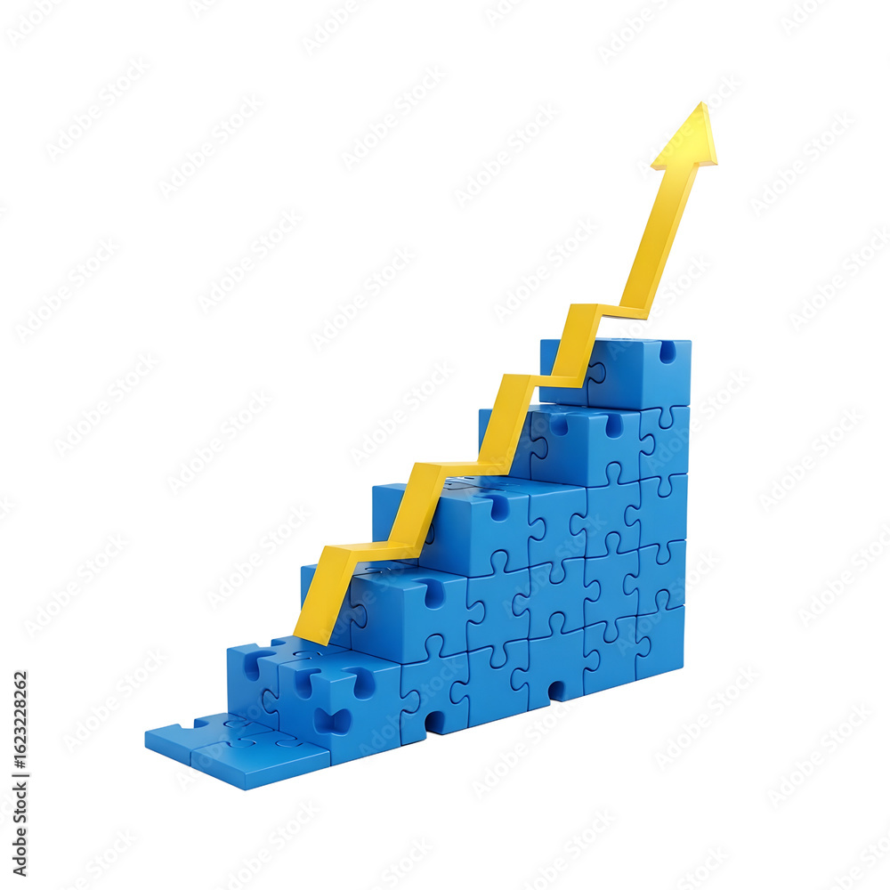 Fototapeta premium Blue puzzle pieces forming ascending steps with yellow arrow graph image png, cut out, clipping path, social media, Advertisement, high quality, HD photo, close up.