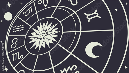 Astrology zodiac wheel with celestial signs, sun, moon, and stars. Mystical horoscope chart for spiritual fortune telling background.