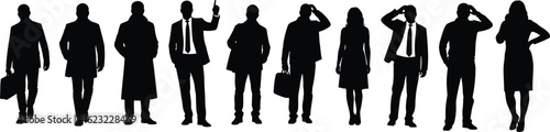 Business team silhouettes standing together, corporate professionals group, formal attire illustration, teamwork unity concept, office people, leadership and success