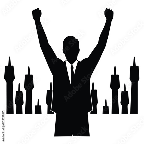 Businessman celebrating success with raised arms against city skyline celebration triumph