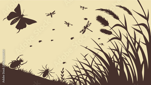 Silhouette of diverse insects and bugs flying and crawling in a summer field with tall grass and plants. Nature scene.