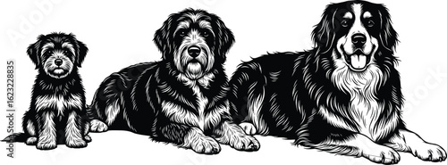 Cute trio of dogs illustration, black and white pet art, puppy to adult stages, furry companions sitting and lying pose, vector