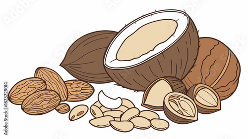 Assorted healthy nuts mix including almonds, cashews, macadamia, and coconut. Natural organic food ingredients for snacking.