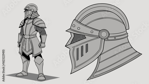 Medieval knight in full plate armor with a detailed helmet illustration. Fantasy warrior, historical protection, gray scale vector.