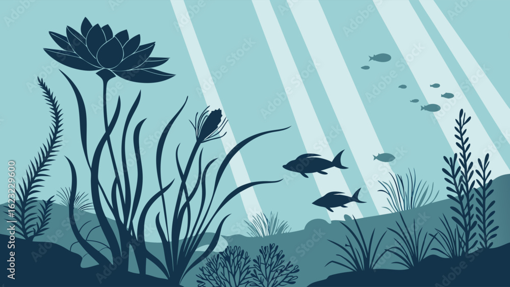 Obraz premium Beautiful underwater nature scene with water lily, fish, aquatic plants, and sunlight rays in clear freshwater.