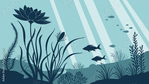 Beautiful underwater nature scene with water lily, fish, aquatic plants, and sunlight rays in clear freshwater.