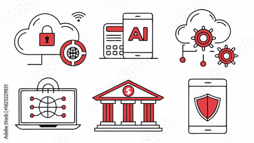 Cybersecurity cloud computing ai fintech and banking technology vector illustration for digital transformation
