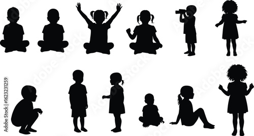 Child silhouettes, diverse poses, playful actions, binocular use, curly hair, ponytails, white background, squatting, sitting, standing, observation moment, stock vector design