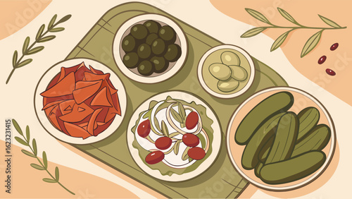 Healthy pickled and fermented vegetables, olives, and dips. Mediterranean appetizer platter on table, top view. Food.