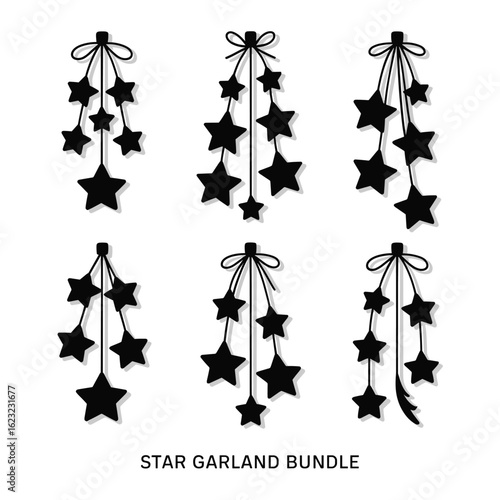 Star Garland Silhouette Bundle featuring 6 distinct black silhouettes of star-themed garlands on a pure white background