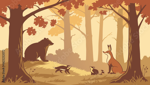 Autumn forest scene with wild animals. A bear, fox, and badger family in their natural habitat during fall.