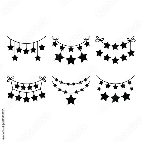 Star Garland Silhouette Bundle featuring 6 distinct black silhouettes of star-themed garlands on a pure white background