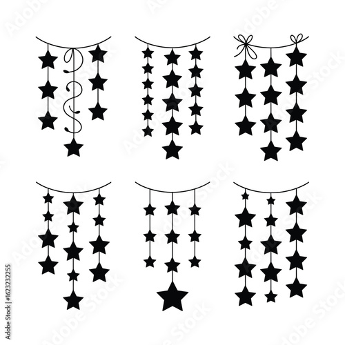 Star Garland Silhouette Bundle featuring 6 distinct black silhouettes of star-themed garlands on a pure white background