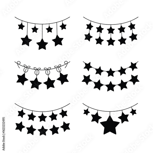 Star Garland Silhouette Bundle featuring 6 distinct black silhouettes of star-themed garlands on a pure white background