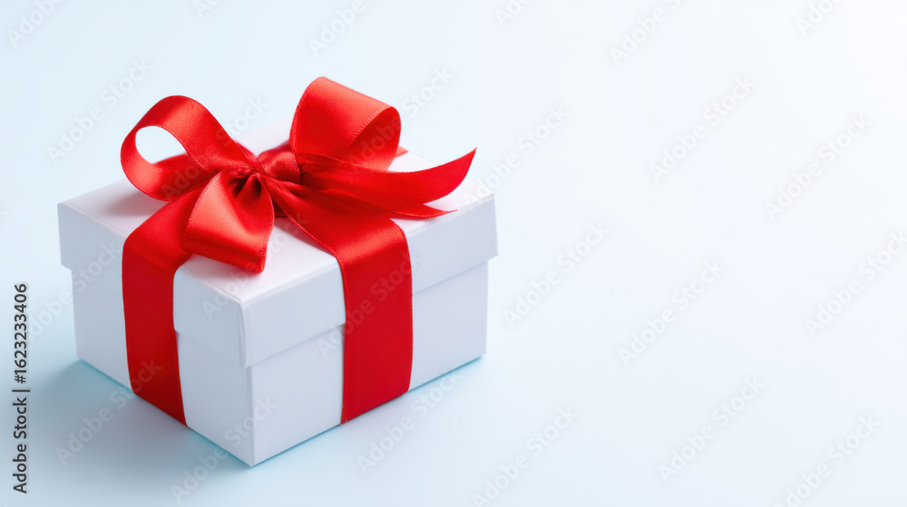 Obraz premium White gift box shiny red ribbon elegant bow, festive present for celebration. Love and surprise for anniversary, birthday, valentine day on light blue background