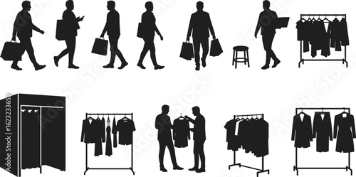 Silhouettes of people shopping, retail experience, clothing racks, carrying bags, fitting rooms, fashion store interior, commerce concept, black vector illustration