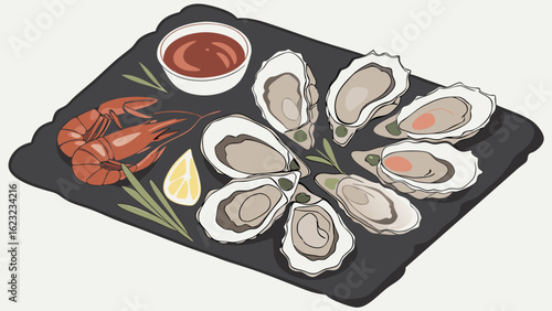 Fresh oysters and seafood platter with lemon and sauce. Delicious gourmet appetizer, healthy fine dining restaurant food.