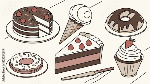 Variety of delicious sweet desserts and pastries including cakes, donuts, ice cream, and a cupcake. Food illustration.