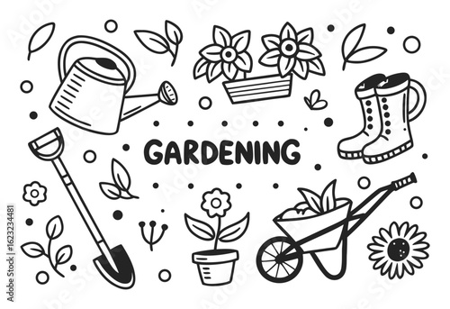 Hand drawn doodle illustration of gardening tools plants and boots in a charming silhouette
