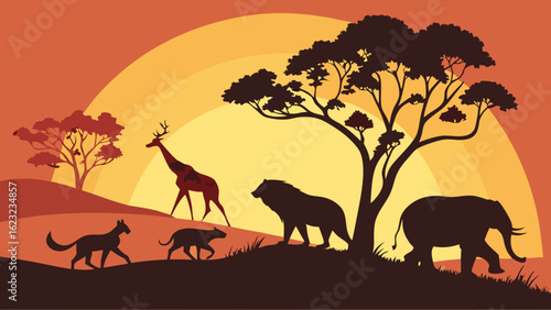 African safari animals silhouettes at sunset. Wildlife landscape illustration with elephant  lion  giraffe  cheetah  hyena.