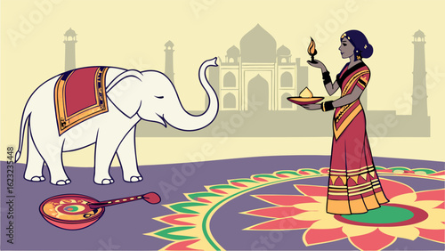 Indian woman and white elephant in front of Taj Mahal with traditional offerings and rangoli for a cultural festival.