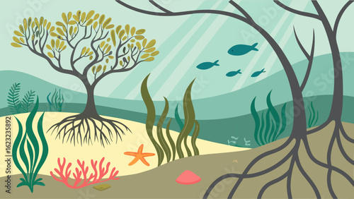 Underwater mangrove forest ecosystem illustration. Marine life habitat with fish, coral, and plants. Ocean nature scene.