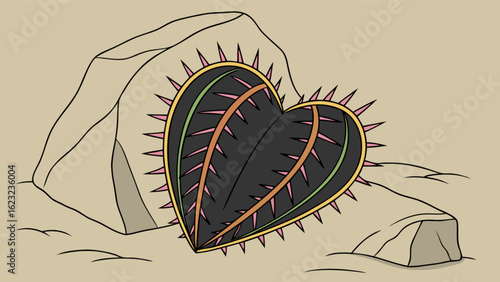 A spiky heart rests between two rocks, conveying a sense of pain, resilience, or a love that is both beautiful and dangerous