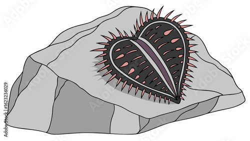 A heart with spikes lies on a rock, symbolizing pain, resilience, or a love that is both beautiful and dangerous in a natural setting