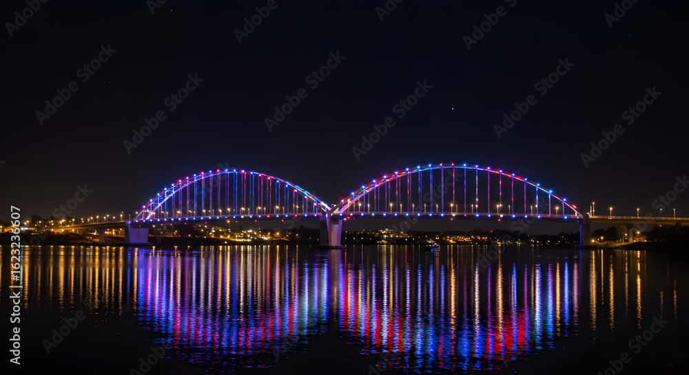 Fototapeta premium Beautifully Illuminated Arched Bridge Over Water at Night