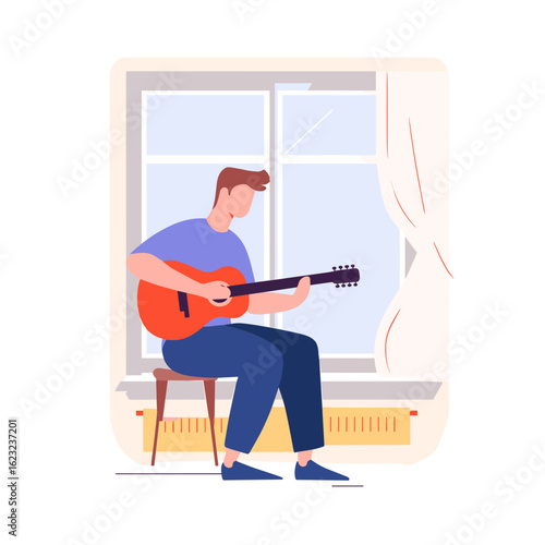 A person serenading with a guitar. 