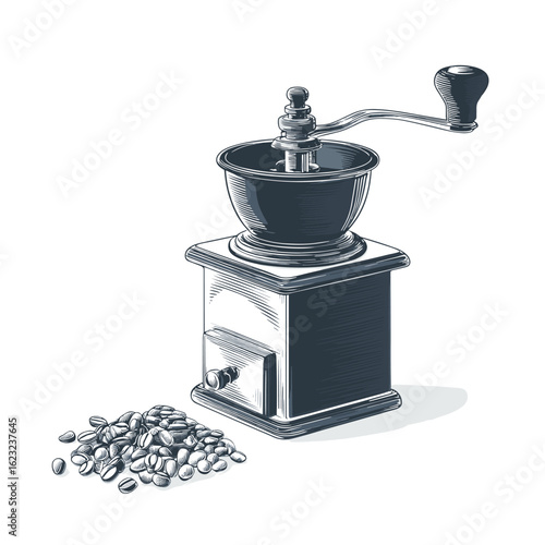 Vintage coffee grinder with roasted coffee beans, a symbol of traditional coffee culture.